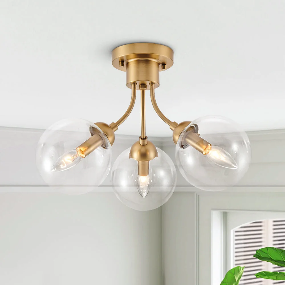 Globeluz 3-Light Gold Semi Flush Mount Glass Globe Light Fixture Glass Globe Light Fixture