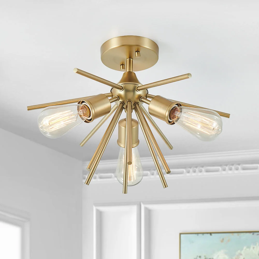 Sputnikhouz 3-Light Semi Flush Mount Gold Sputnik Starburst Ceiling Light Sputnik Starburst Ceiling Light