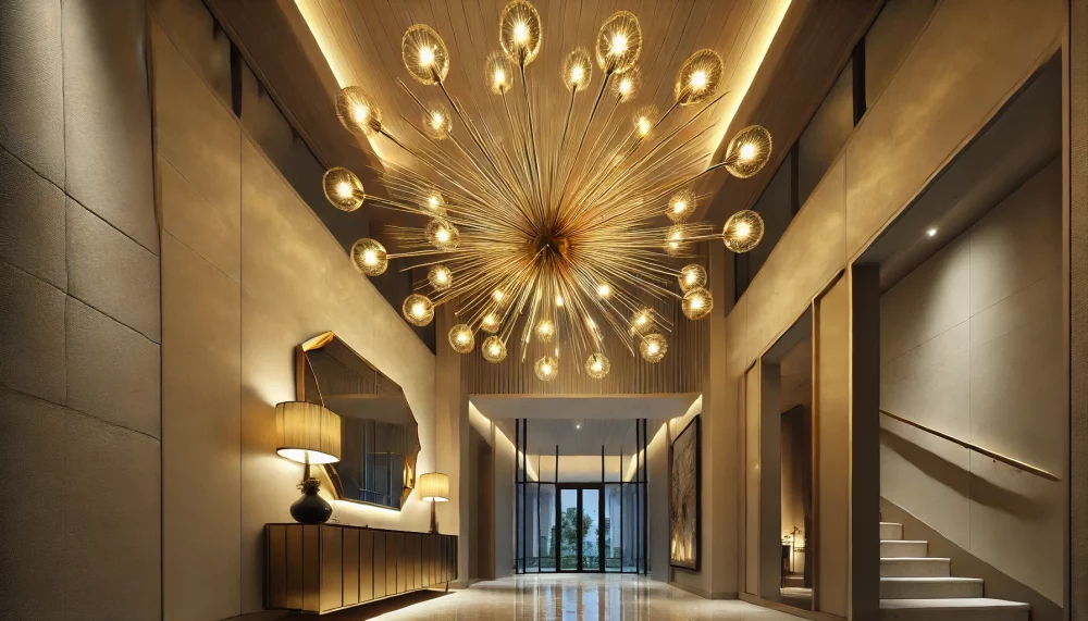 Sculptural Sputnik Lights Transform Spaces With Golden Radiance Sputniklightia Dramatic Angled Shot Of A Gold Sputnik Chandelier In A Modern Entryway