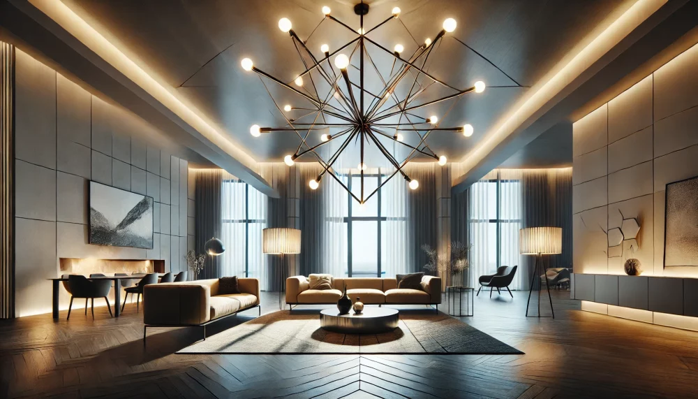 Geometric Sputnik Lights Bring Modern Beauty To Rooms Sputniklightia Dramatic Wide Shot Of A Modern Living Room With A Geometric Sputnik Light Fixture