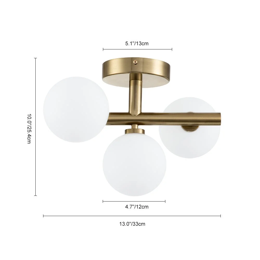 Globeluz 3-Light Modern Semi-Flush Mount Opal Glass Globe Ceiling Light Glass Globe Ceiling Light