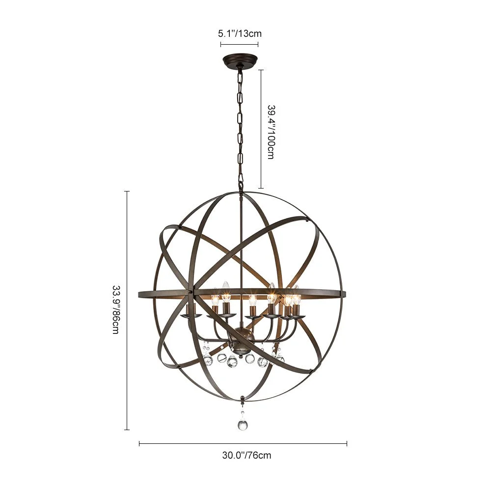 Sputnikhouz Vintage 8-Light Rustic Metal Globe Pendant Light With Crystal Orb Metal Globe Pendant Light