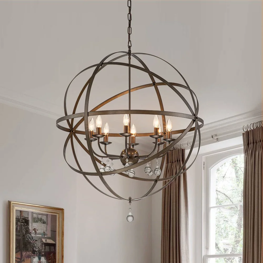 Sputnikhouz Vintage 8-Light Rustic Metal Globe Pendant Light With Crystal Orb Metal Globe Pendant Light